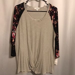 Baseball t style top, stripes and floral sleeves